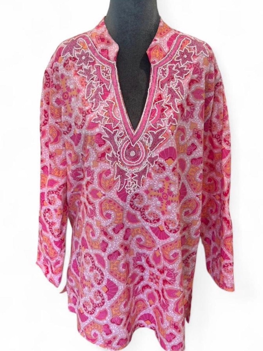 Peck & Peck Pink Paisley Beaded V-Neck Tunic